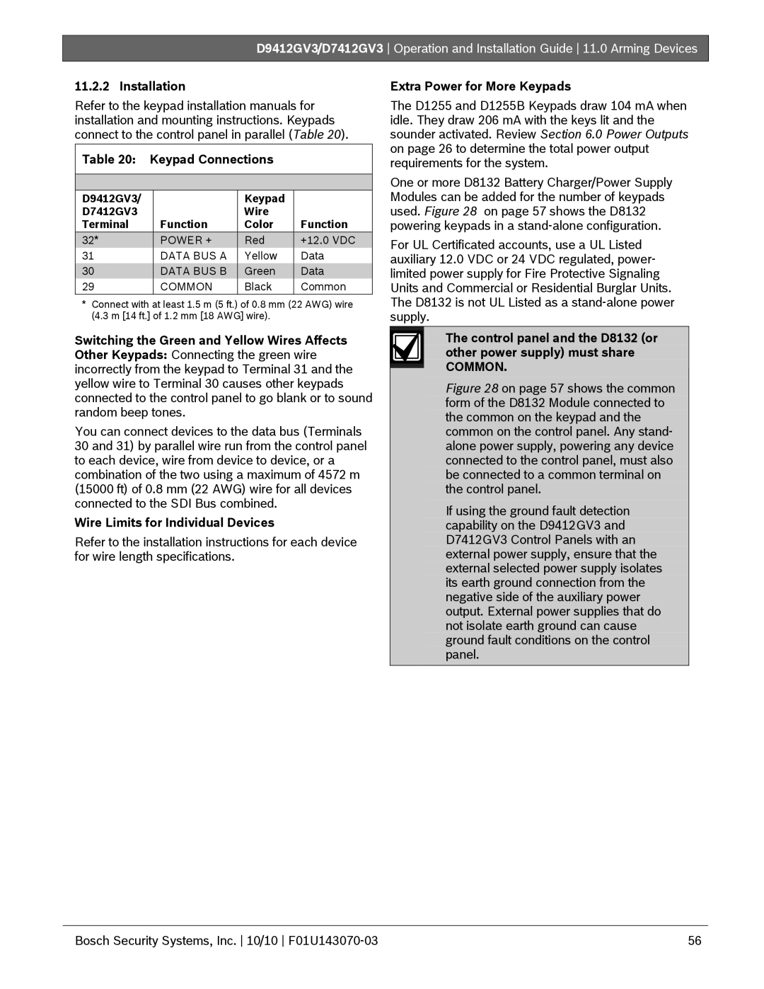 Bosch Appliances D9412GV3, D7412GV3 Keypad Connections, Wire Limits for Individual Devices, Extra Power for More Keypads 