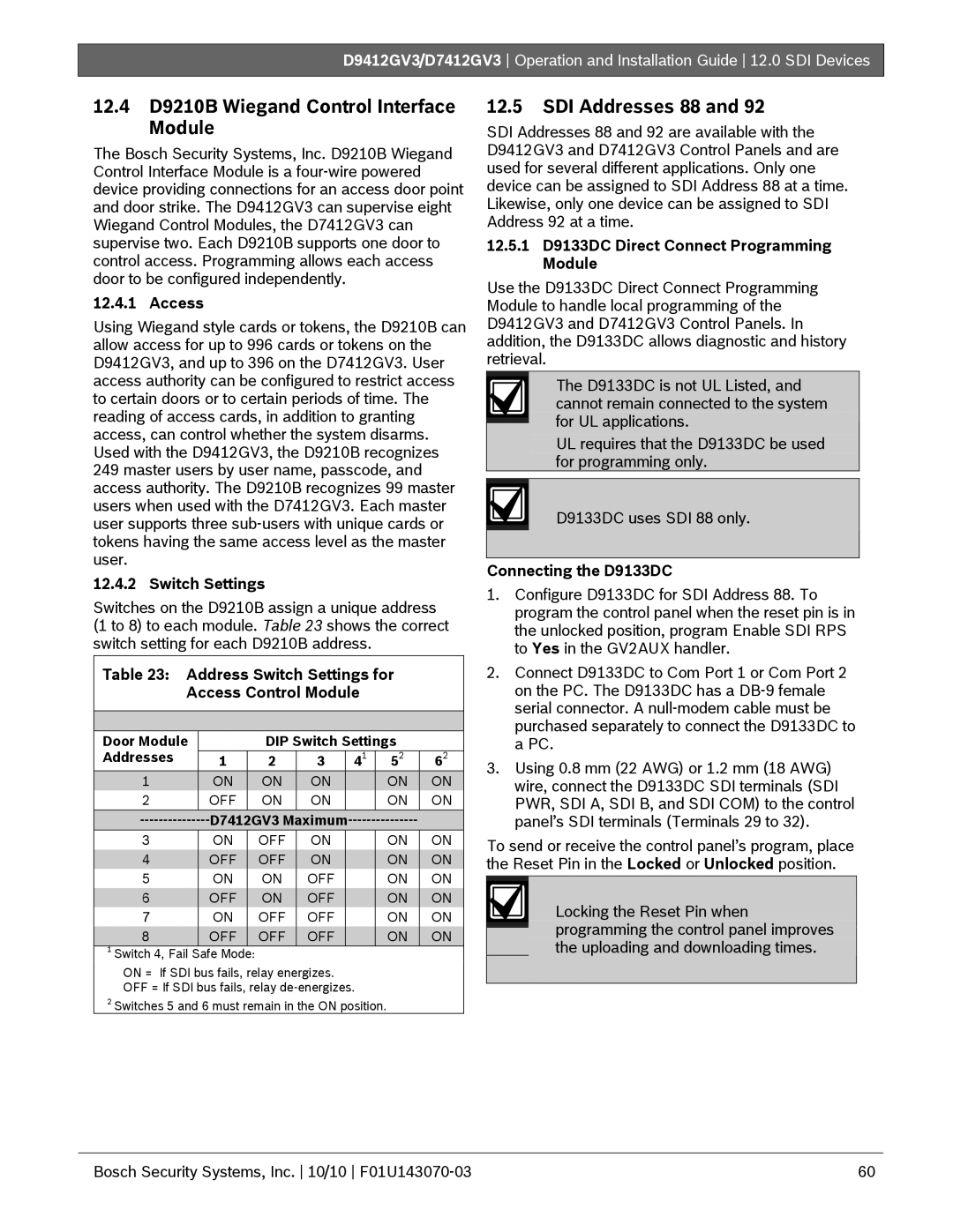 Bosch Appliances D9412GV3, D7412GV3 manual 12.4 D9210B Wiegand Control Interface Module, SDI Addresses 88 