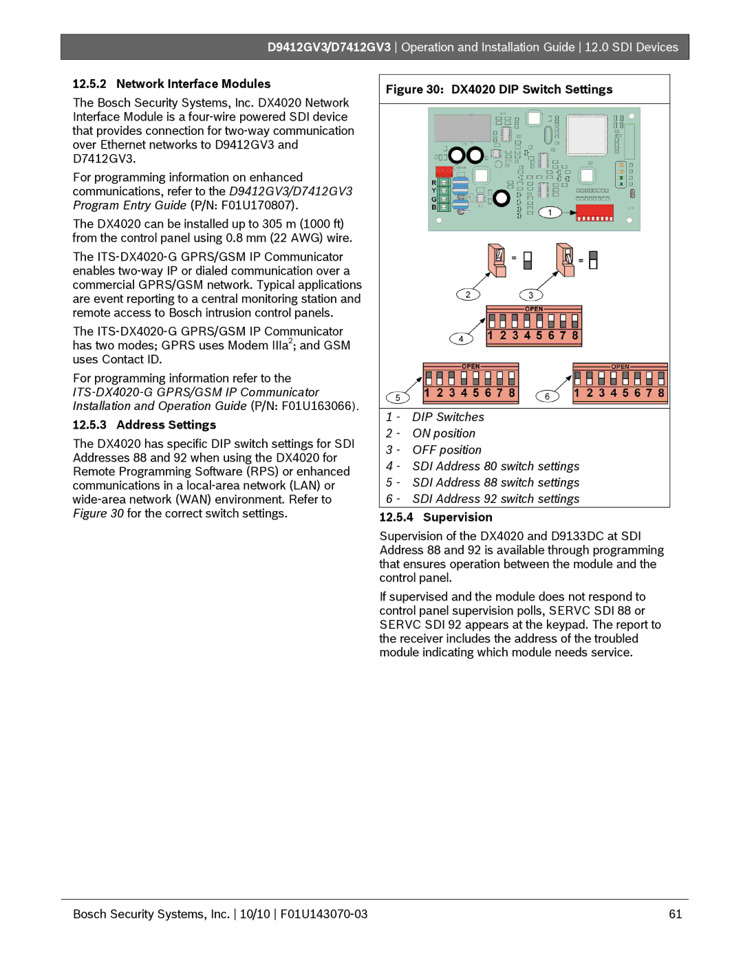 Bosch Appliances D7412GV3, D9412GV3 manual Network Interface Modules, Address Settings, Supervision 