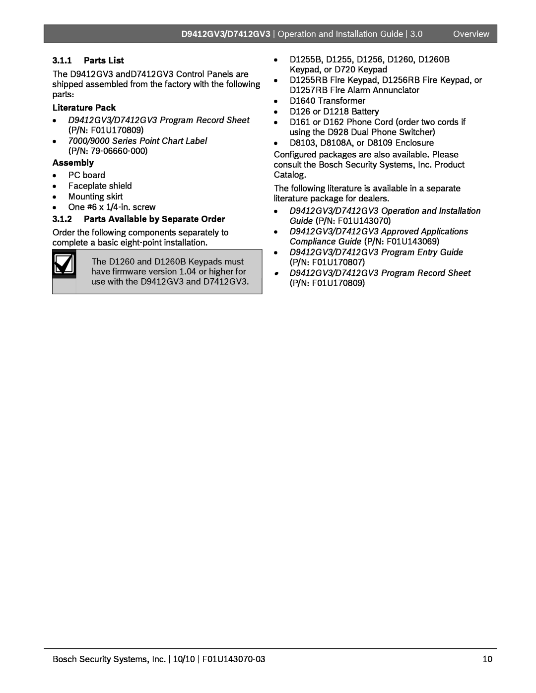 Bosch Appliances D9412GV3 3.1.1Parts List, Literature Pack, Assembly, 3.1.2Parts Available by Separate Order, Overview 