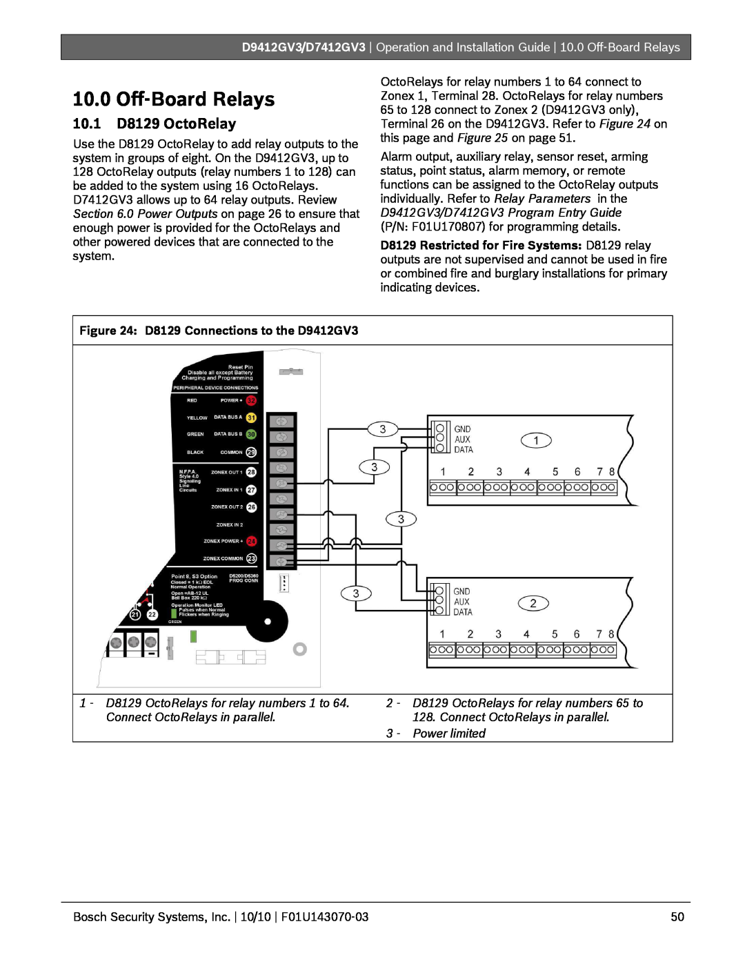 Bosch Appliances D7412GV3 manual 10.0Off-BoardRelays, 10.1D8129 OctoRelay, D8129 Connections to the D9412GV3 