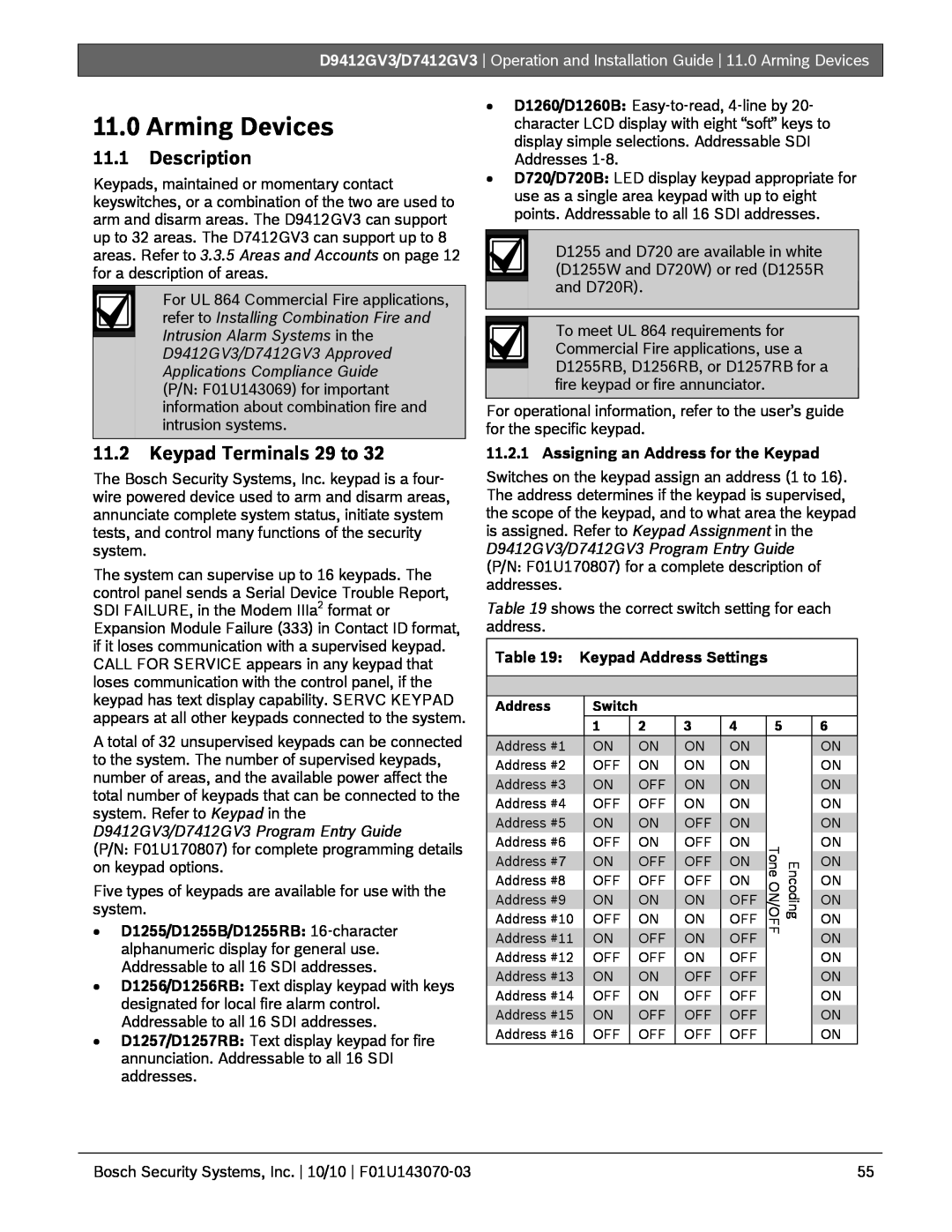 Bosch Appliances D7412GV3 manual 11.0Arming Devices, 11.1Description, 11.2Keypad Terminals 29 to, Keypad Address Settings 