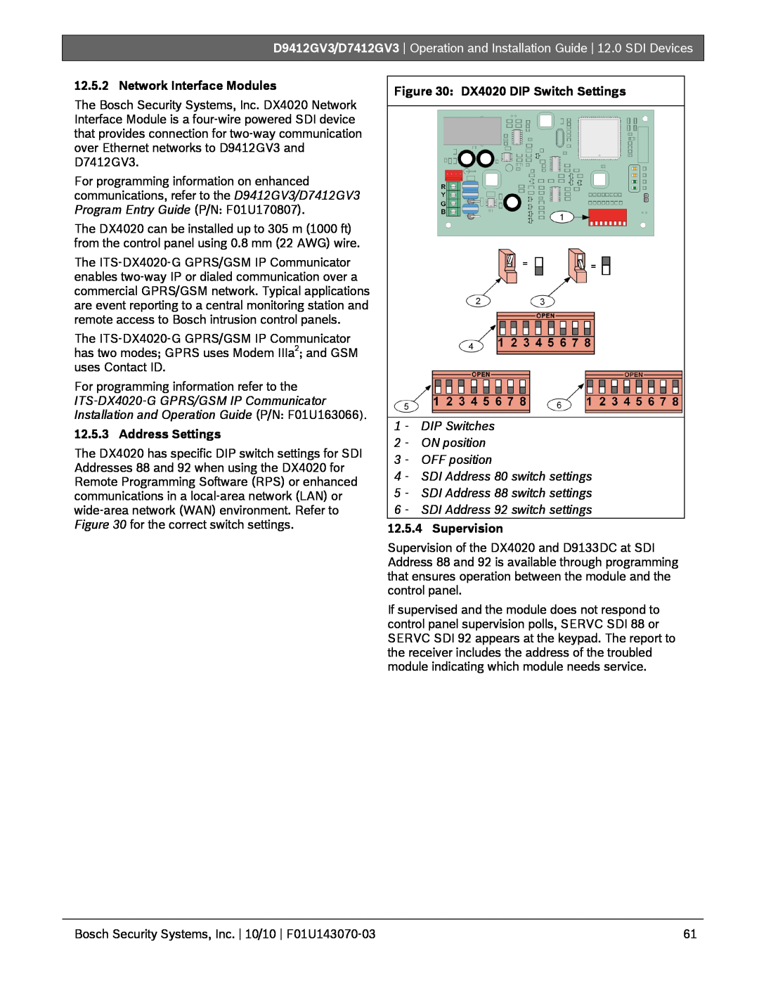 Bosch Appliances D7412GV3, D9412GV3 Network Interface Modules, Address Settings, DX4020 DIP Switch Settings, Supervision 
