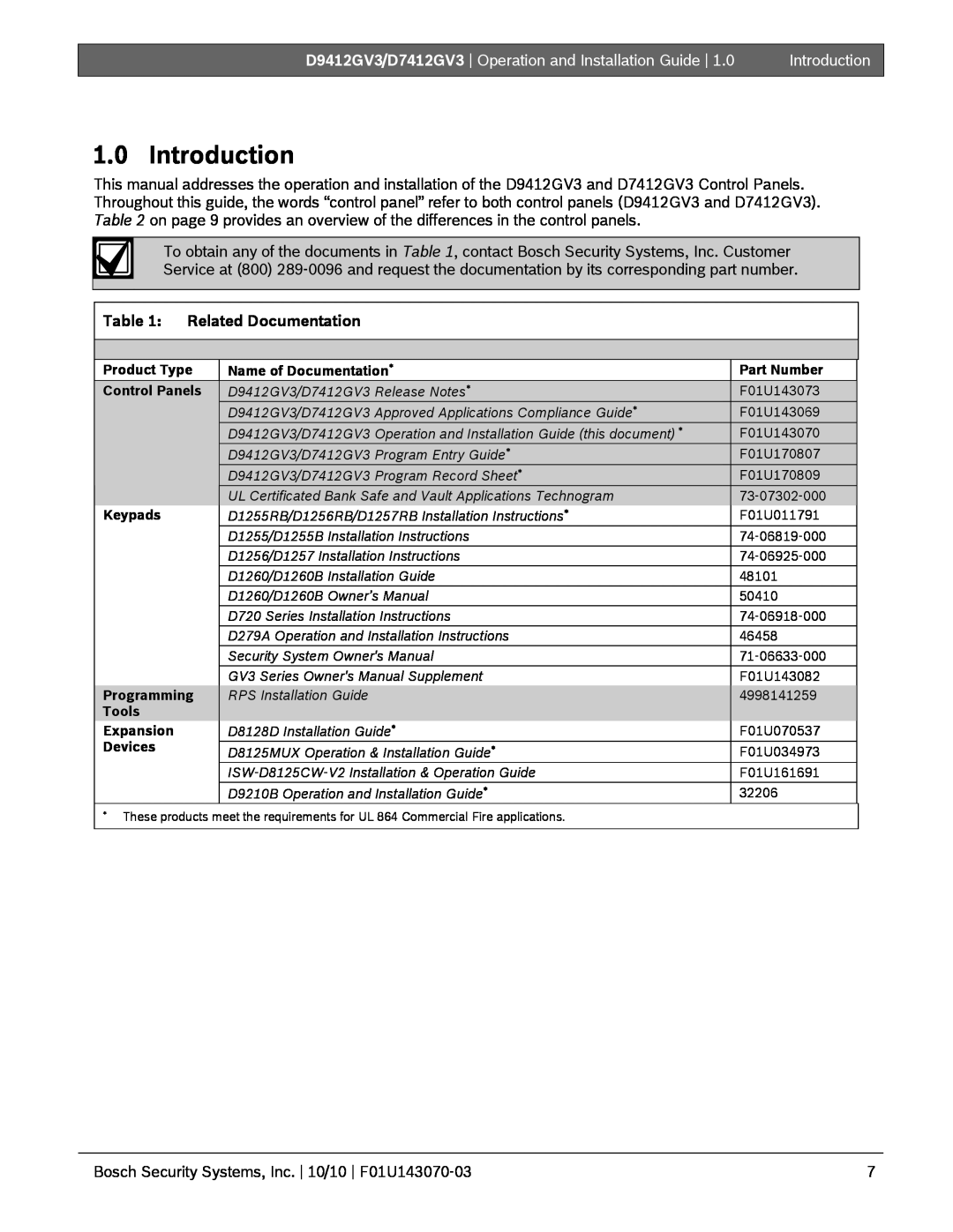 Bosch Appliances D7412GV3, D9412GV3 manual Introduction, Related Documentation 
