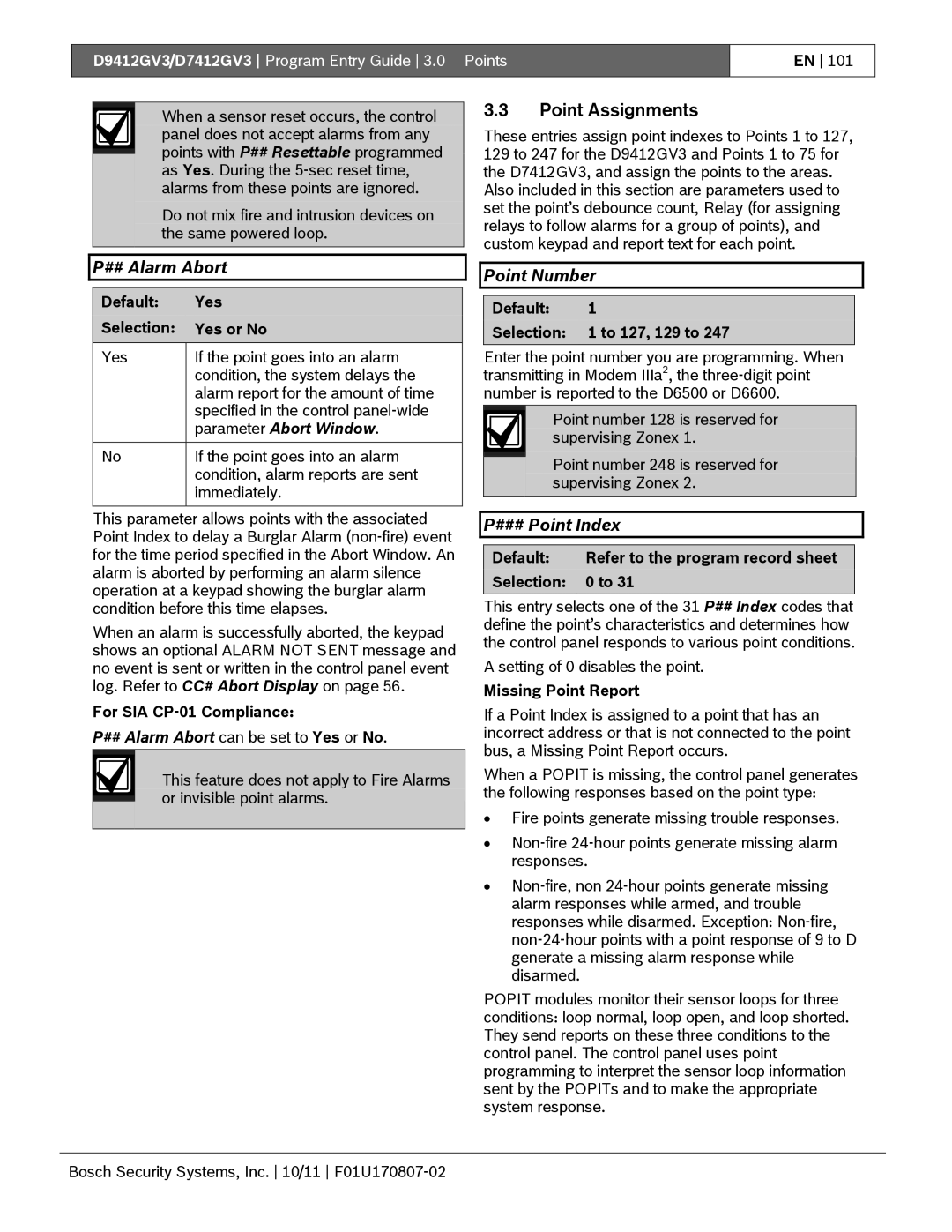 Bosch Appliances D9412GV3 manual ## Alarm Abort, Point Number, ### Point Index, Parameter Abort Window 