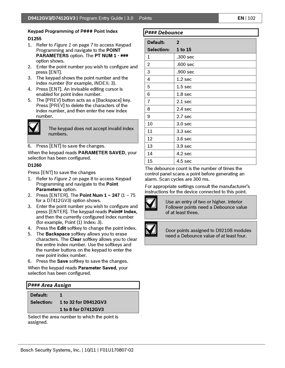 Bosch Appliances D9412GV3 manual ### Area Assign, ### Debounce 