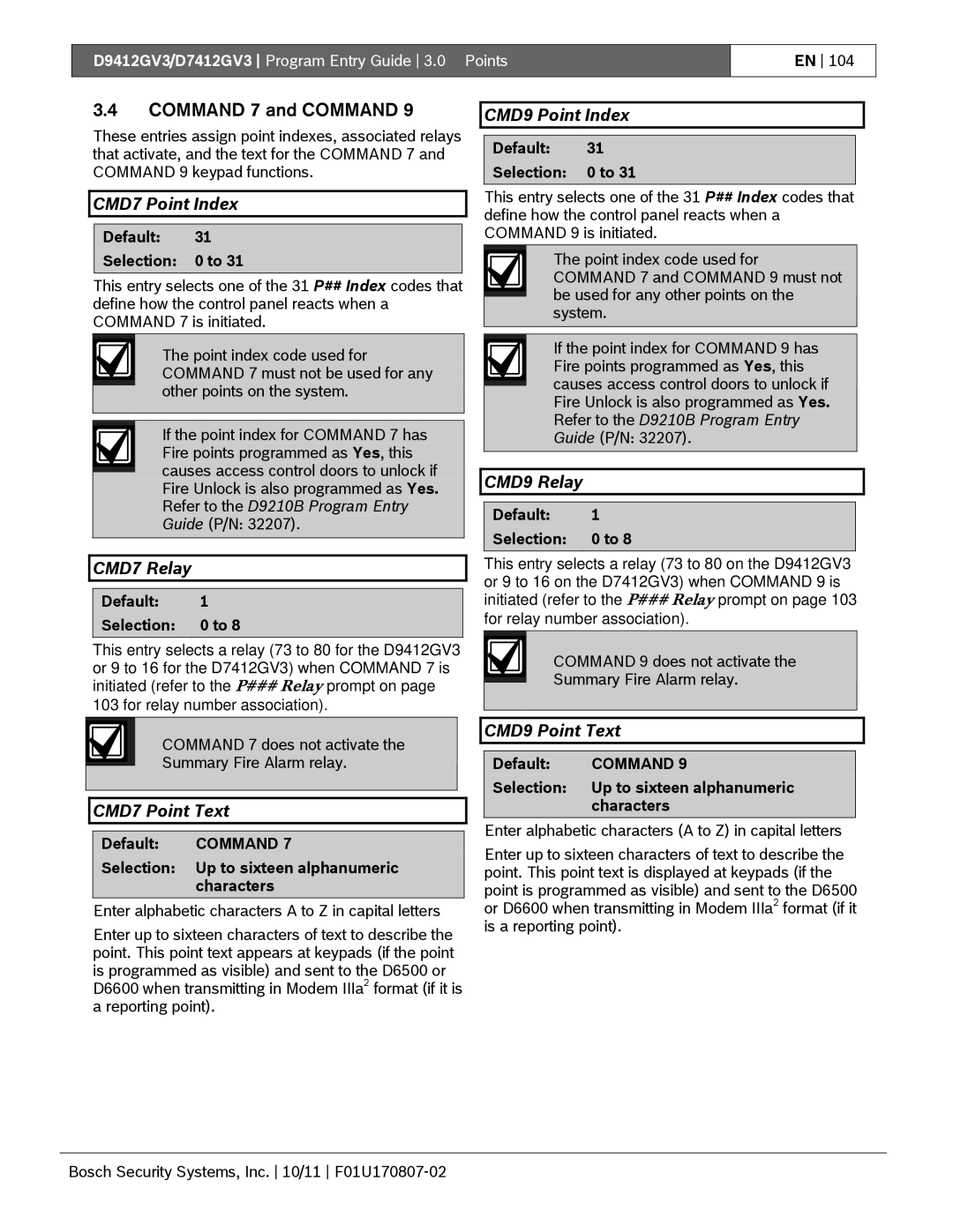 Bosch Appliances D9412GV3 CMD7 Point Index, CMD7 Relay, CMD9 Point Index, CMD9 Relay, CMD7 Point Text, CMD9 Point Text 