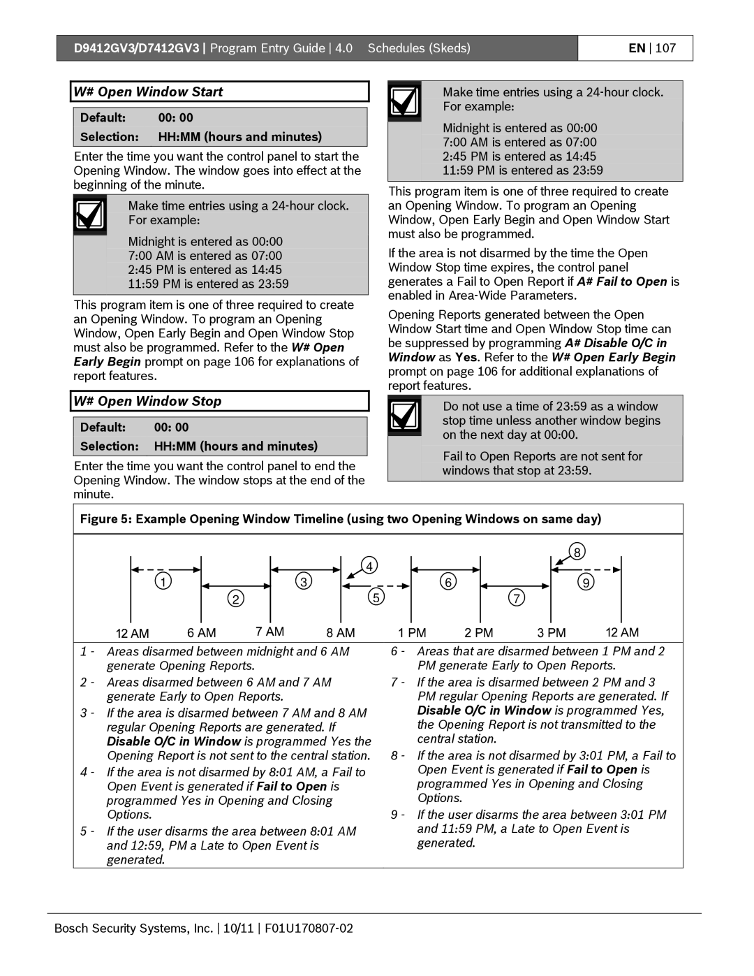 Bosch Appliances D9412GV3 manual # Open Window Start, # Open Window Stop, Default Selection Hhmm hours and minutes 