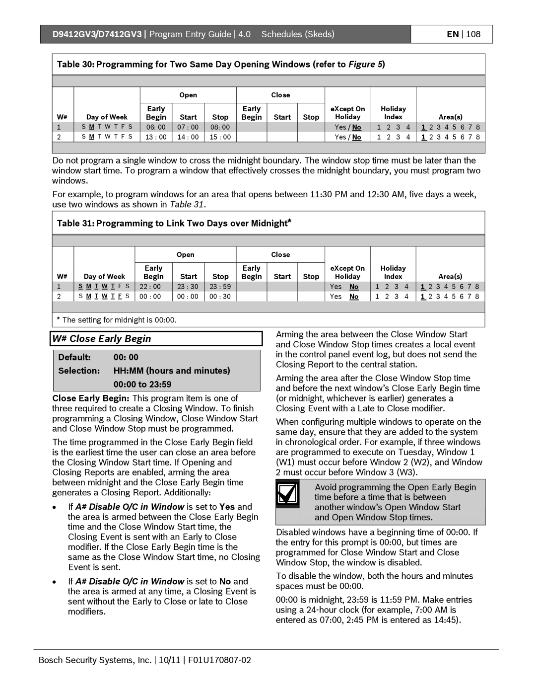 Bosch Appliances D9412GV3 manual # Close Early Begin, Programming to Link Two Days over Midnight 