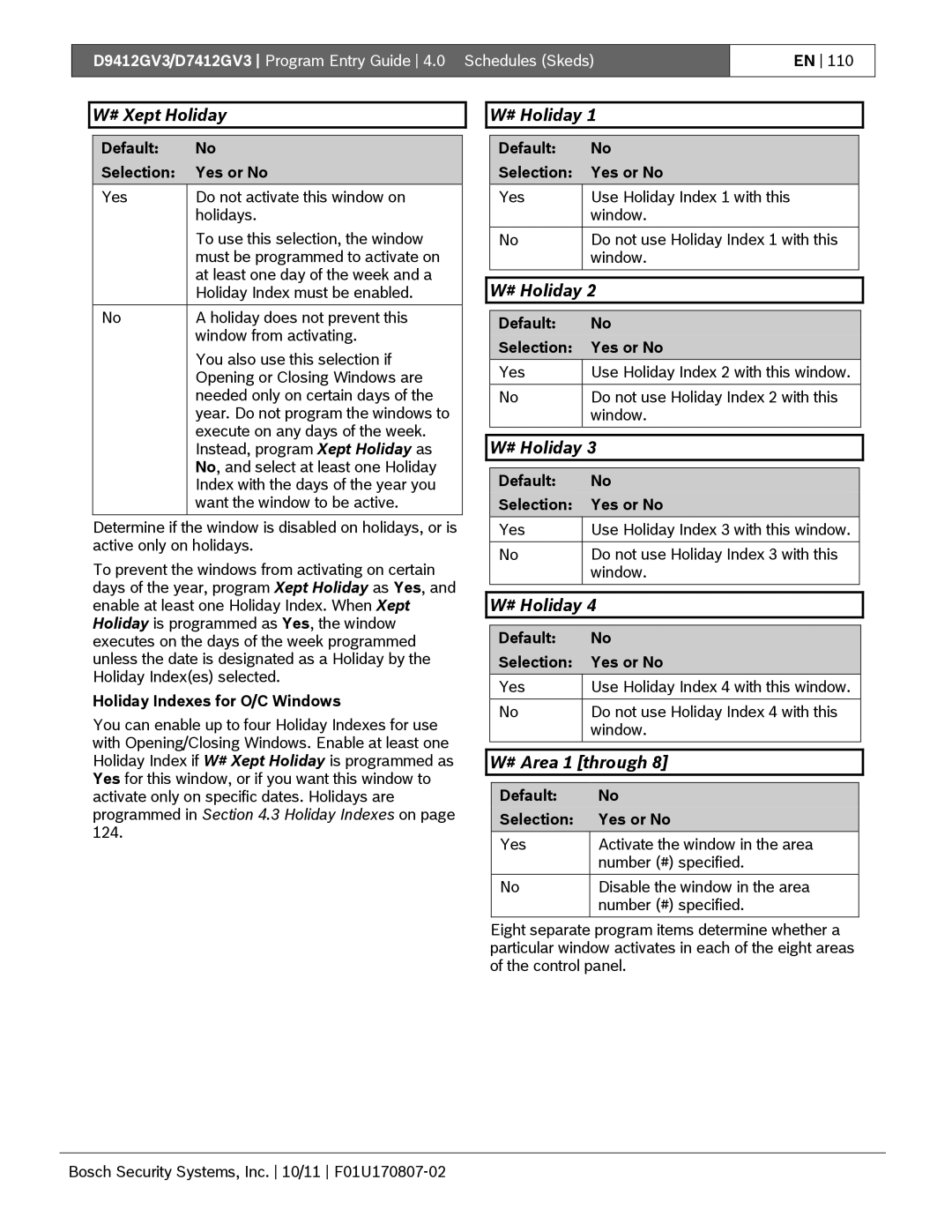 Bosch Appliances D9412GV3 manual # Xept Holiday, # Holiday, # Area 1 through, Holiday Indexes for O/C Windows 