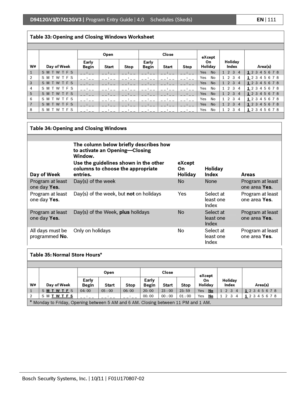 Bosch Appliances D9412GV3 manual Opening and Closing Windows Worksheet, Normal Store Hours 