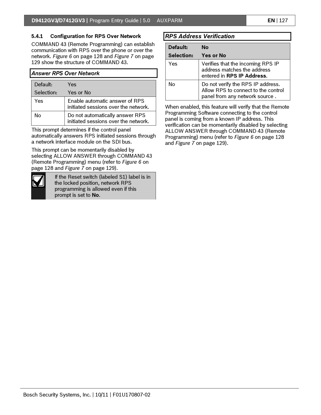 Bosch Appliances D9412GV3 manual Answer RPS Over Network, RPS Address Verification, Configuration for RPS Over Network 