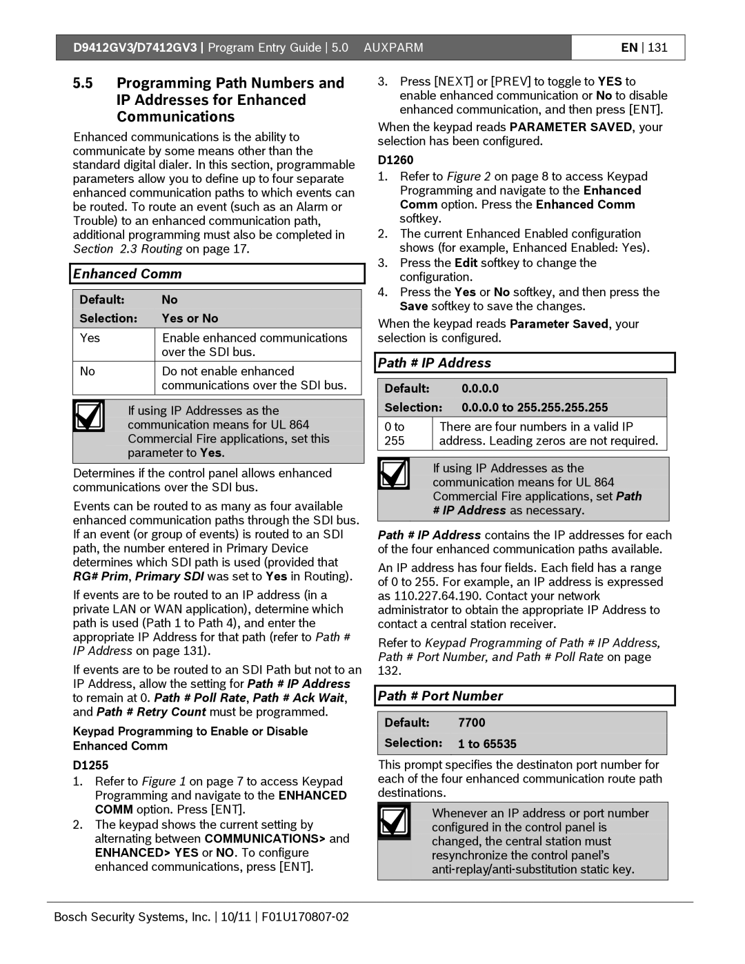 Bosch Appliances D9412GV3 manual Enhanced Comm, Path # IP Address, Path # Port Number 