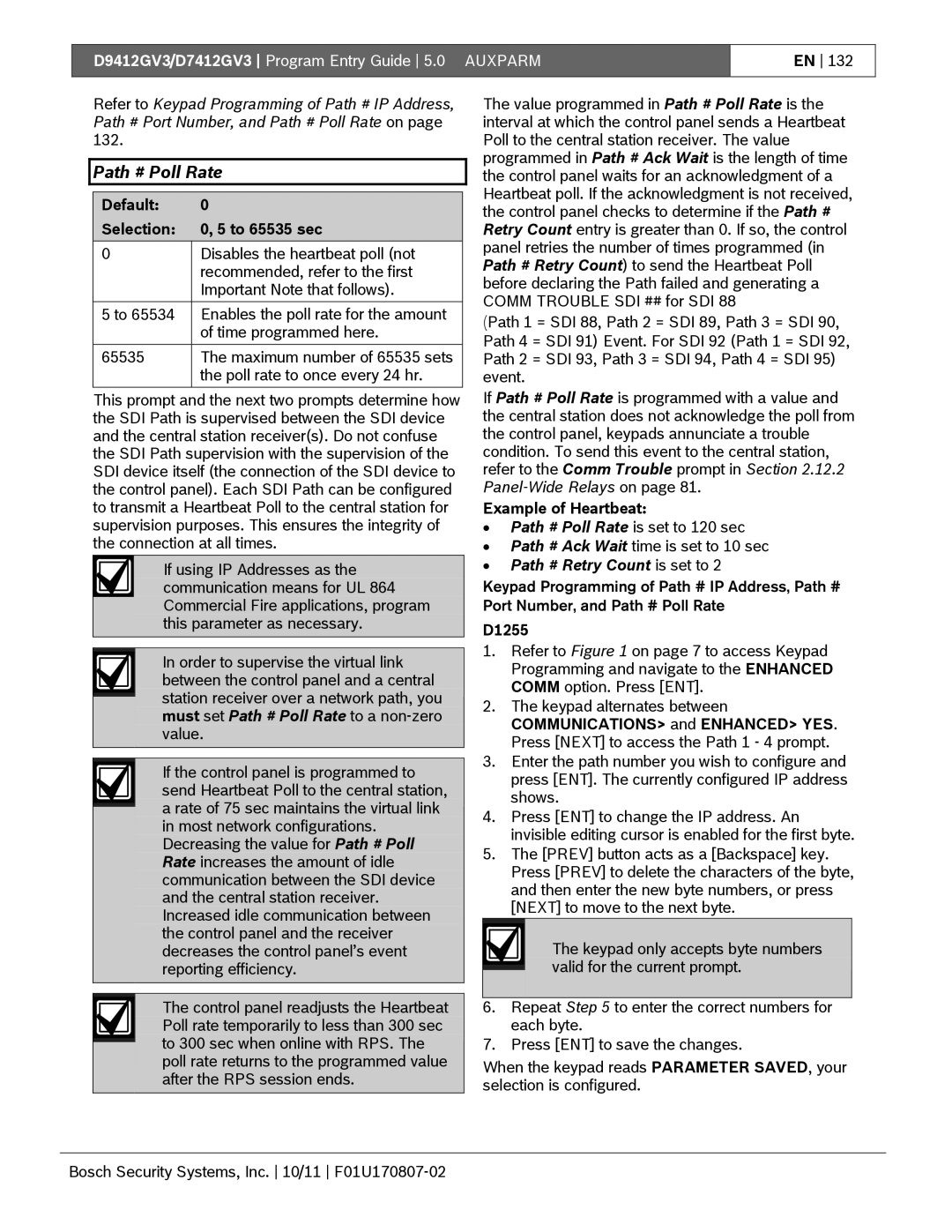 Bosch Appliances D9412GV3 manual Path # Poll Rate, Default Selection 0, 5 to 65535 sec, Example of Heartbeat 