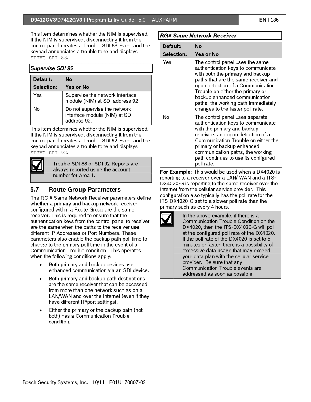 Bosch Appliances D9412GV3 manual Route Group Parameters, Supervise SDI, RG# Same Network Receiver 