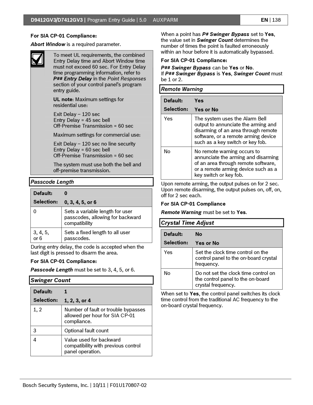 Bosch Appliances D9412GV3 manual Passcode Length, Swinger Count, Remote Warning, Crystal Time Adjust 