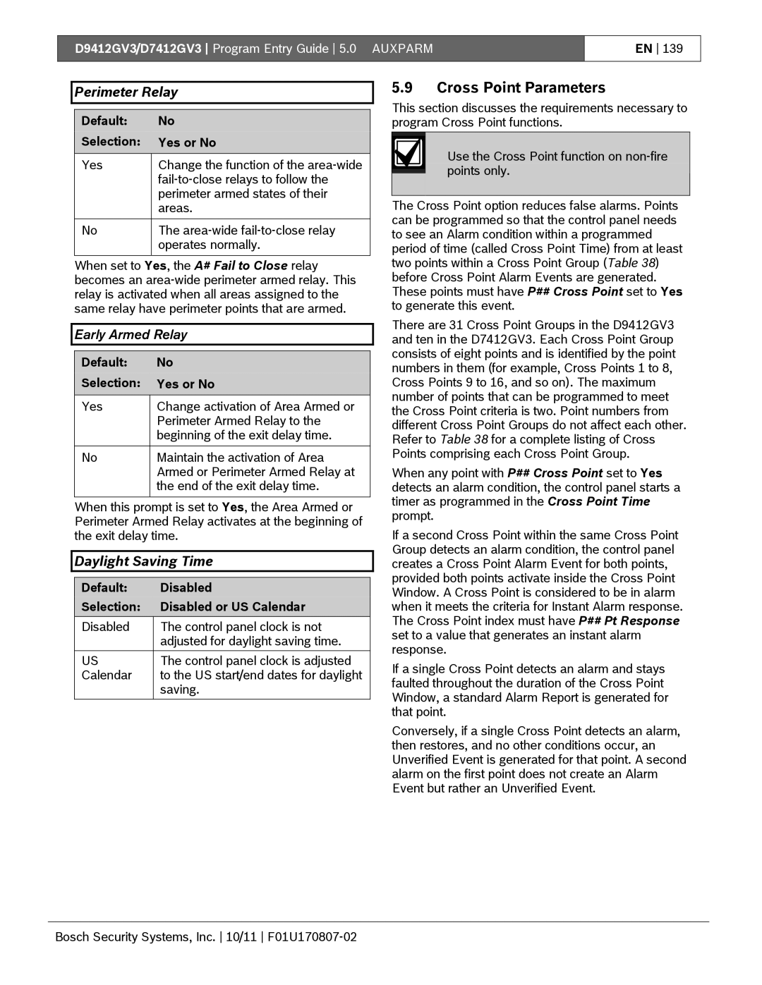Bosch Appliances D9412GV3 manual Cross Point Parameters, Perimeter Relay, Early Armed Relay, Daylight Saving Time 