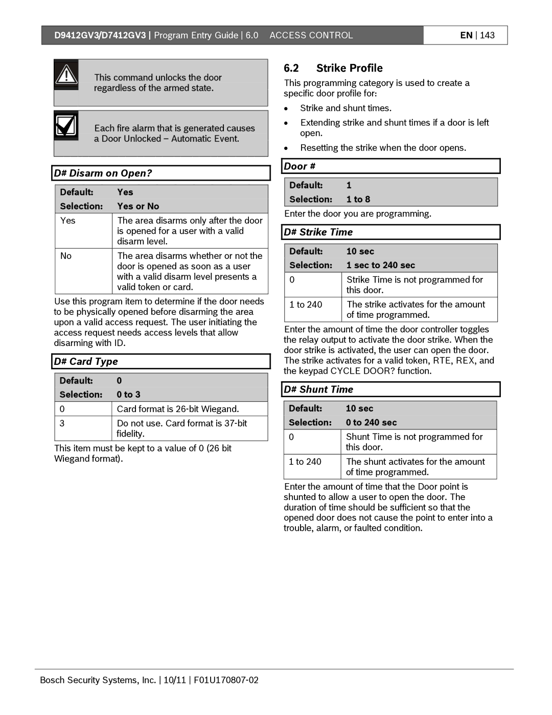 Bosch Appliances D9412GV3 manual Strike Profile, # Disarm on Open?, # Card Type, # Strike Time, # Shunt Time 