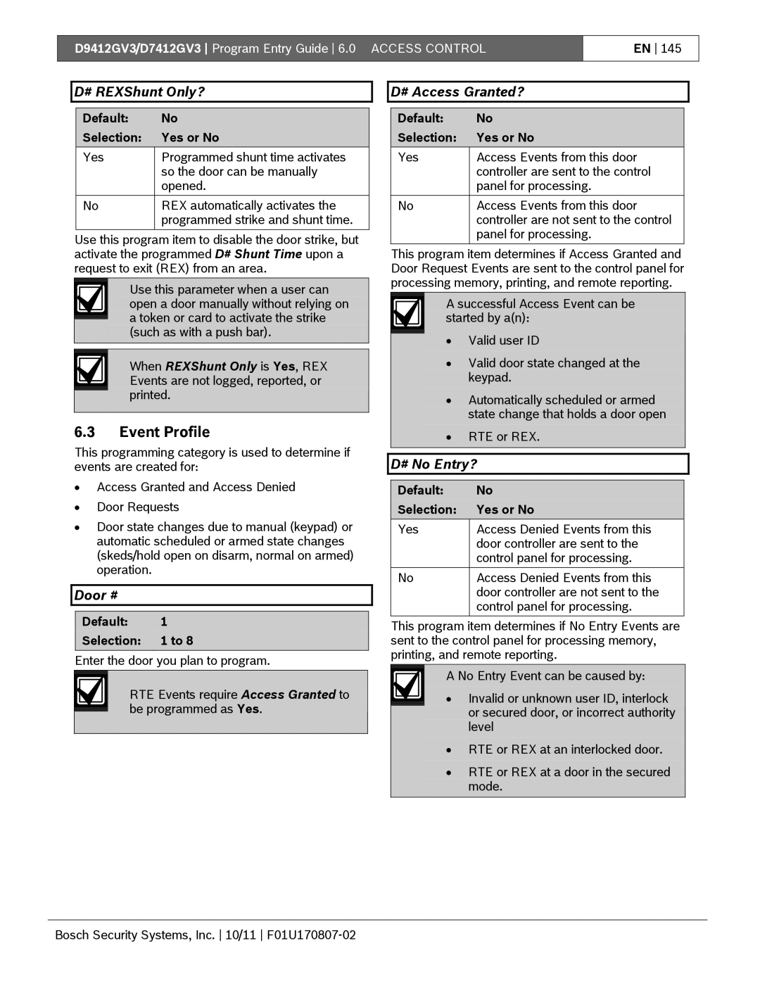 Bosch Appliances D9412GV3 manual Event Profile, # REXShunt Only?, # Access Granted?, # No Entry? 