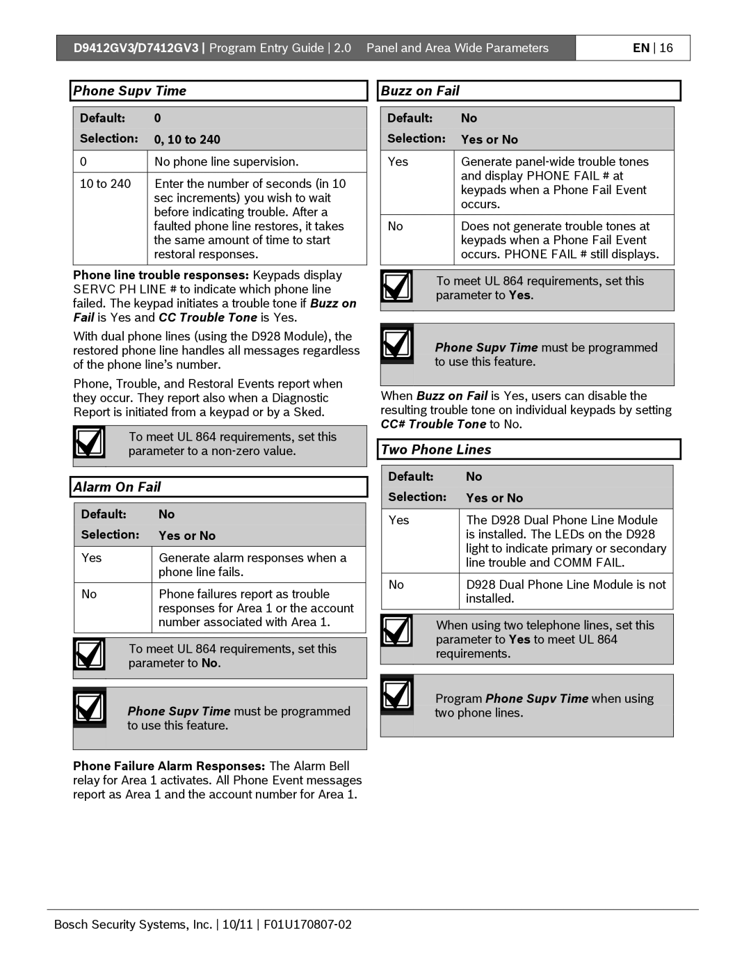 Bosch Appliances D9412GV3 manual Phone Supv Time, Alarm On Fail, Buzz on Fail, Two Phone Lines 