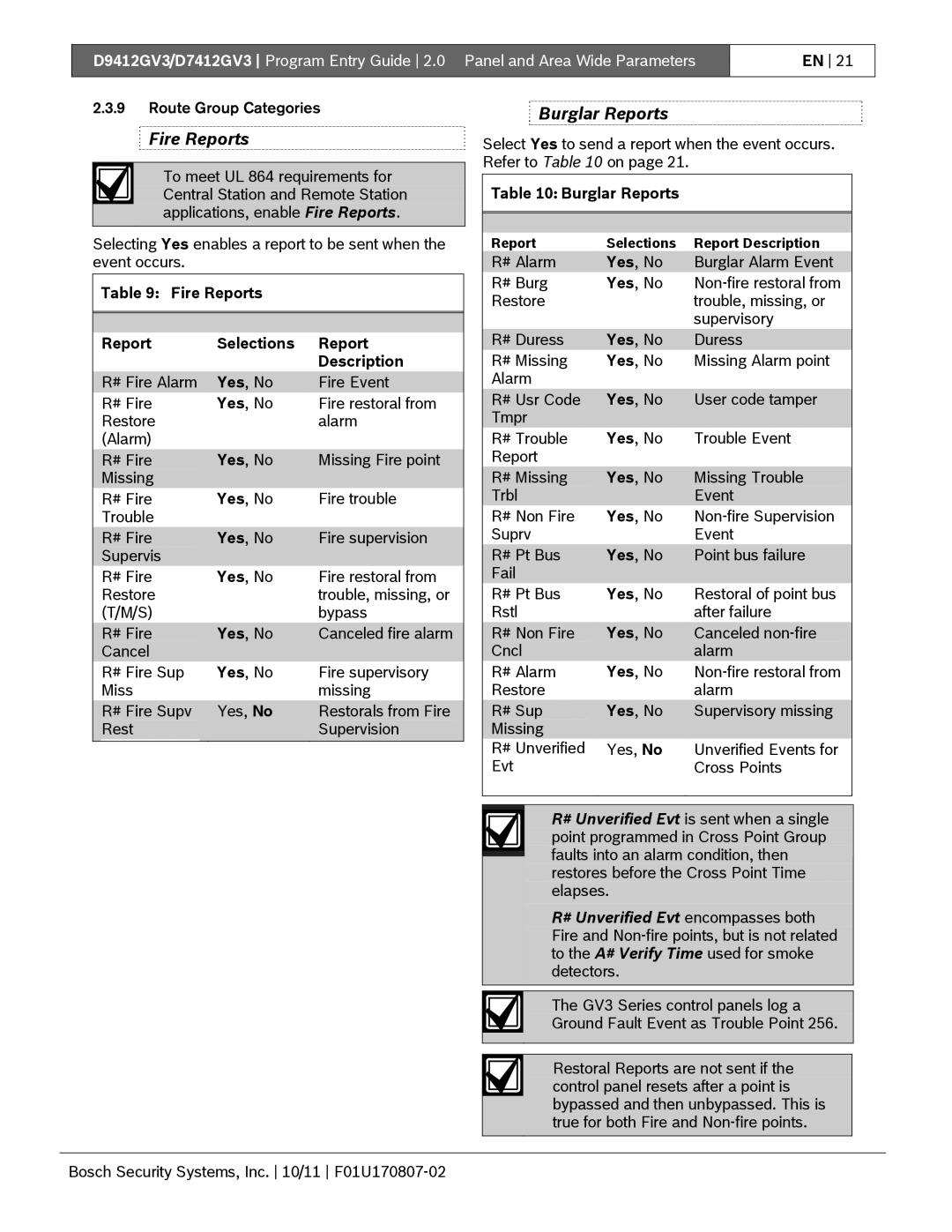 Bosch Appliances D9412GV3 manual Burglar Reports, Fire Reports Selections Description 