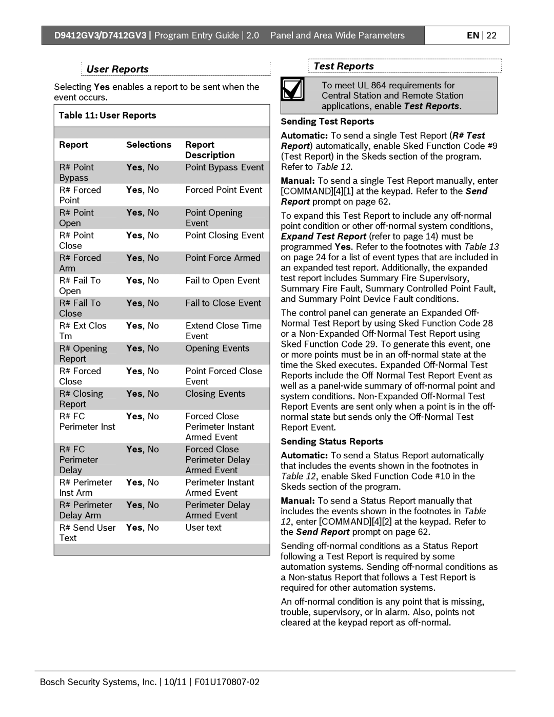 Bosch Appliances D9412GV3 manual User Reports Selections Description, Sending Test Reports, Sending Status Reports 