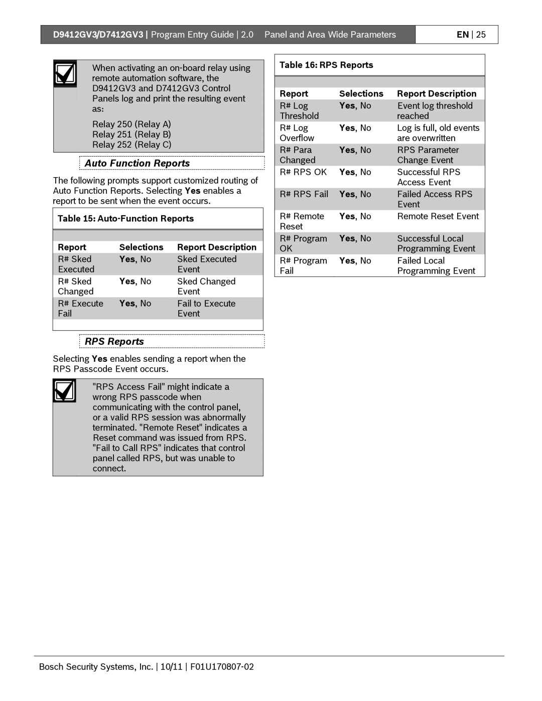 Bosch Appliances D9412GV3 manual Auto Function Reports, RPS Reports, Auto-Function Reports Selections Report Description 