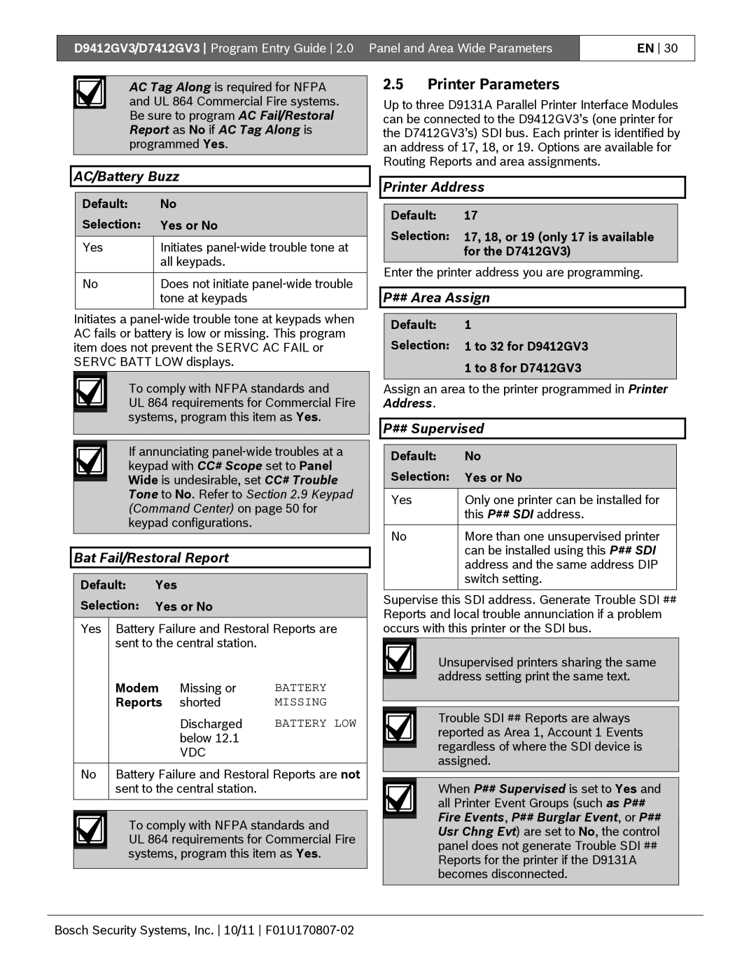 Bosch Appliances D9412GV3 manual Printer Parameters 