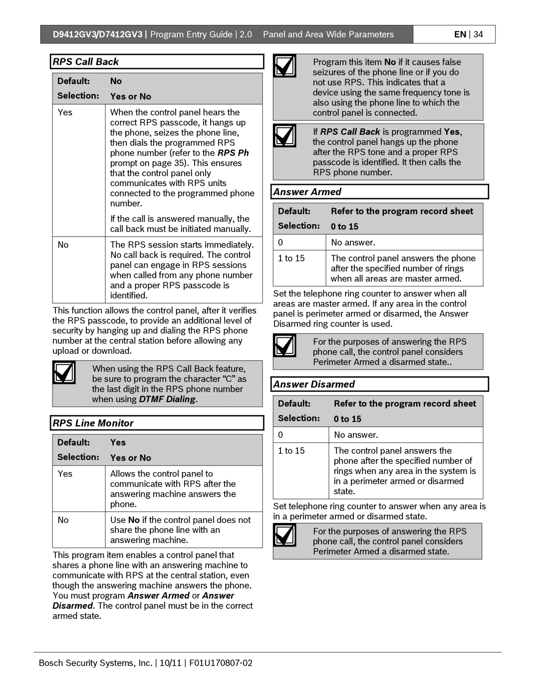 Bosch Appliances D9412GV3 manual RPS Call Back, RPS Line Monitor, Answer Armed, Answer Disarmed 