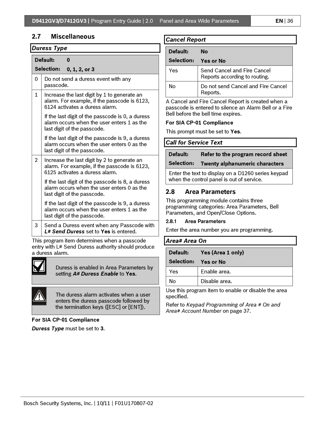 Bosch Appliances D9412GV3 manual Miscellaneous, Area Parameters 