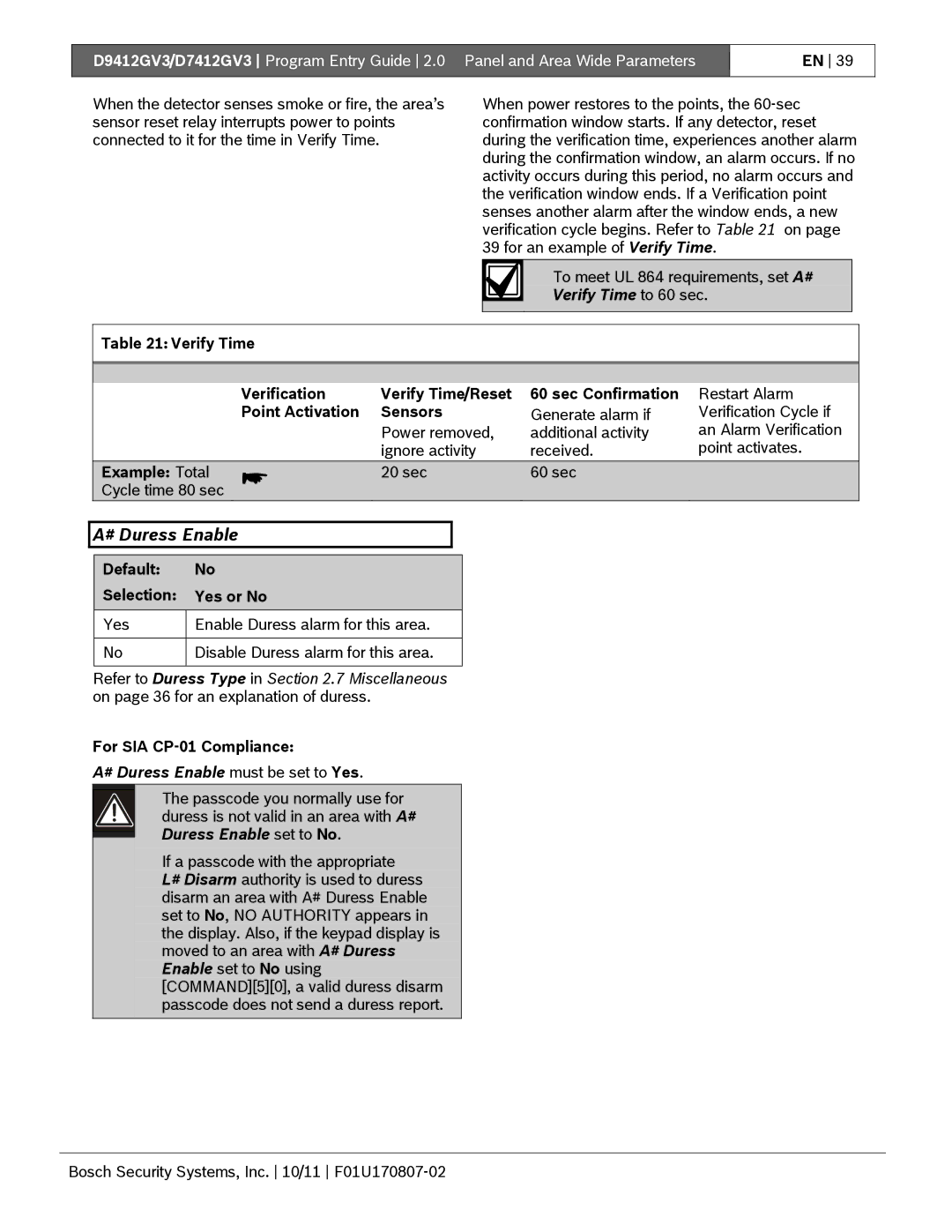 Bosch Appliances D9412GV3 manual Verify Time to 60 sec, # Duress Enable must be set to Yes 