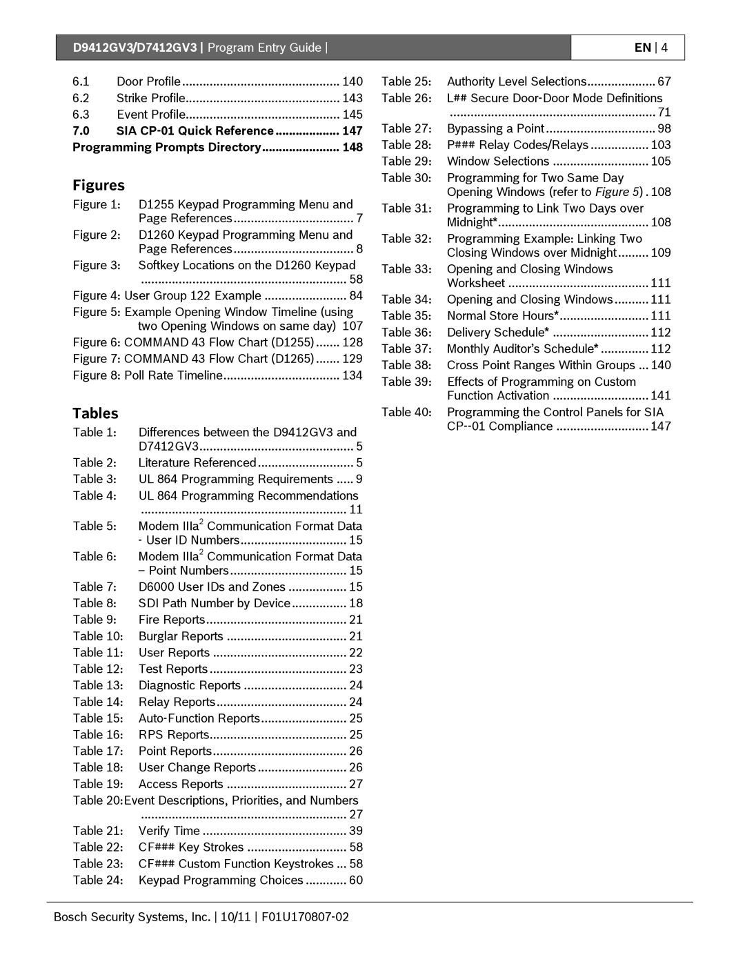 Bosch Appliances D9412GV3 manual Tables, 147, Programming Prompts Directory 148 