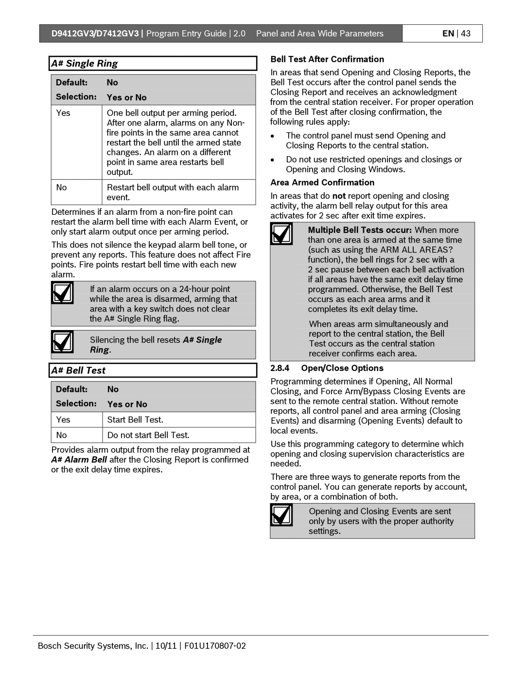 Bosch Appliances D9412GV3 manual # Single Ring, # Bell Test 