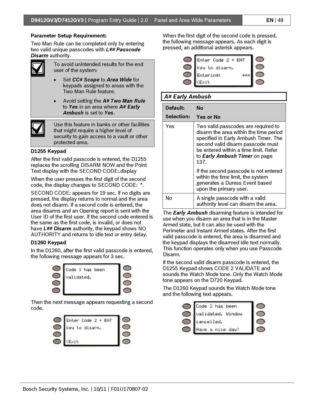 Bosch Appliances D9412GV3 manual # Early Ambush, Parameter Setup Requirement, D1255 Keypad, D1260 Keypad 