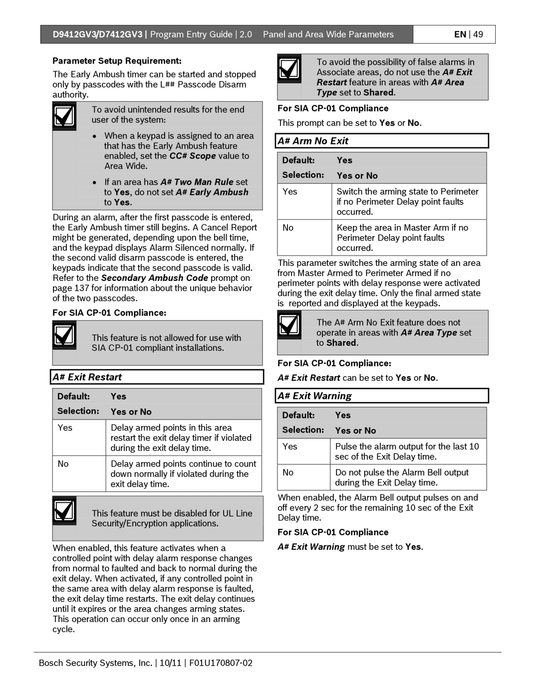 Bosch Appliances D9412GV3 manual # Exit Restart, # Arm No Exit, # Exit Warning must be set to Yes 