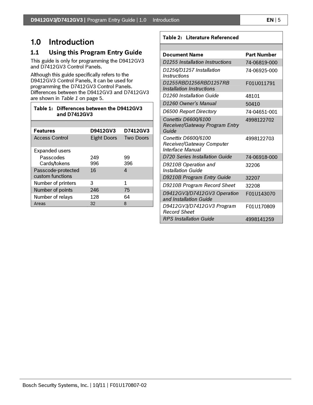 Bosch Appliances manual Using this Program Entry Guide, Differences between the D9412GV3 and D7412GV3 Features 