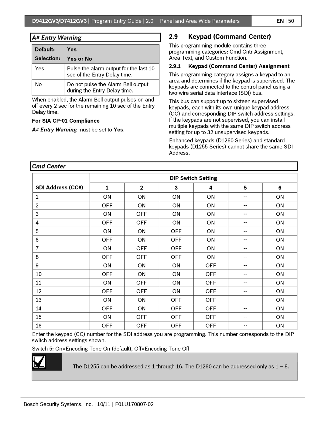 Bosch Appliances D9412GV3 manual Keypad Command Center, Cmd Center, # Entry Warning must be set to Yes 