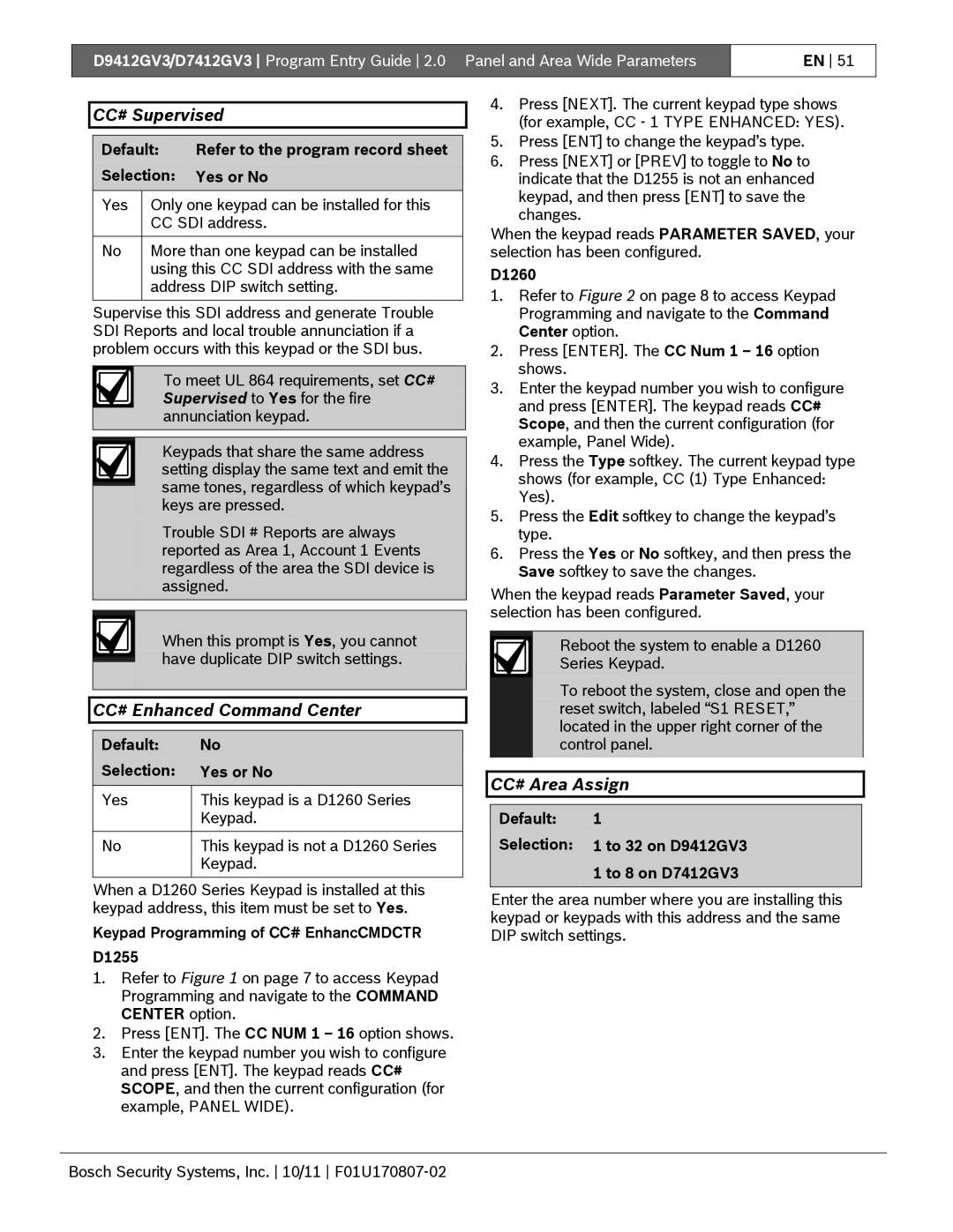 Bosch Appliances D9412GV3 manual CC# Supervised, CC# Enhanced Command Center, CC# Area Assign 