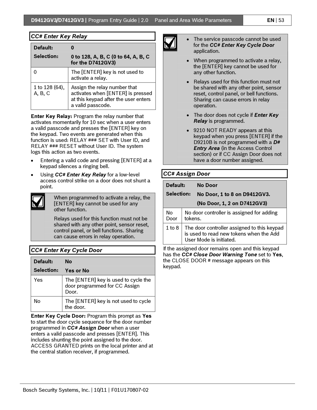 Bosch Appliances D9412GV3 manual CC# Enter Key Relay, CC# Enter Key Cycle Door, CC# Assign Door 