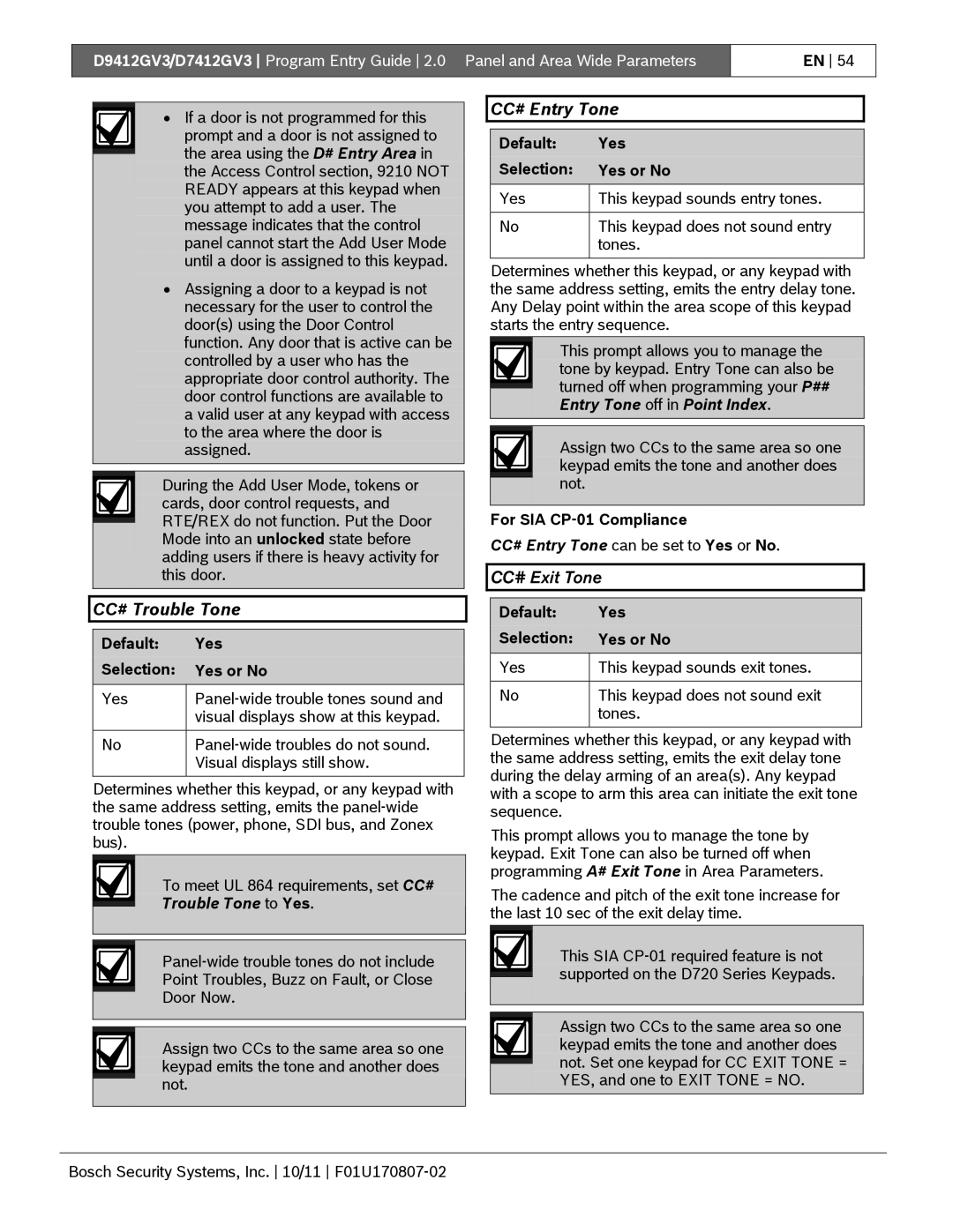 Bosch Appliances D9412GV3 manual CC# Trouble Tone, CC# Entry Tone, CC# Exit Tone, Trouble Tone to Yes 