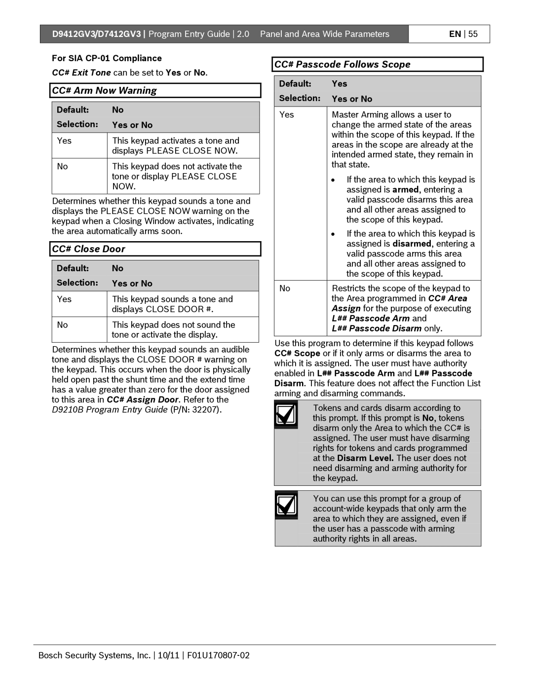 Bosch Appliances D9412GV3 manual CC# Arm Now Warning, CC# Close Door, CC# Passcode Follows Scope, ## Passcode Arm 