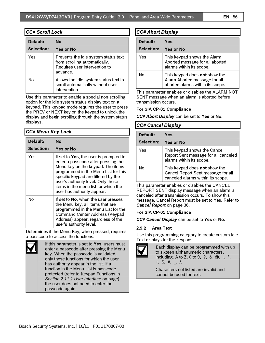 Bosch Appliances D9412GV3 manual CC# Scroll Lock, CC# Menu Key Lock, CC# Abort Display, CC# Cancel Display 