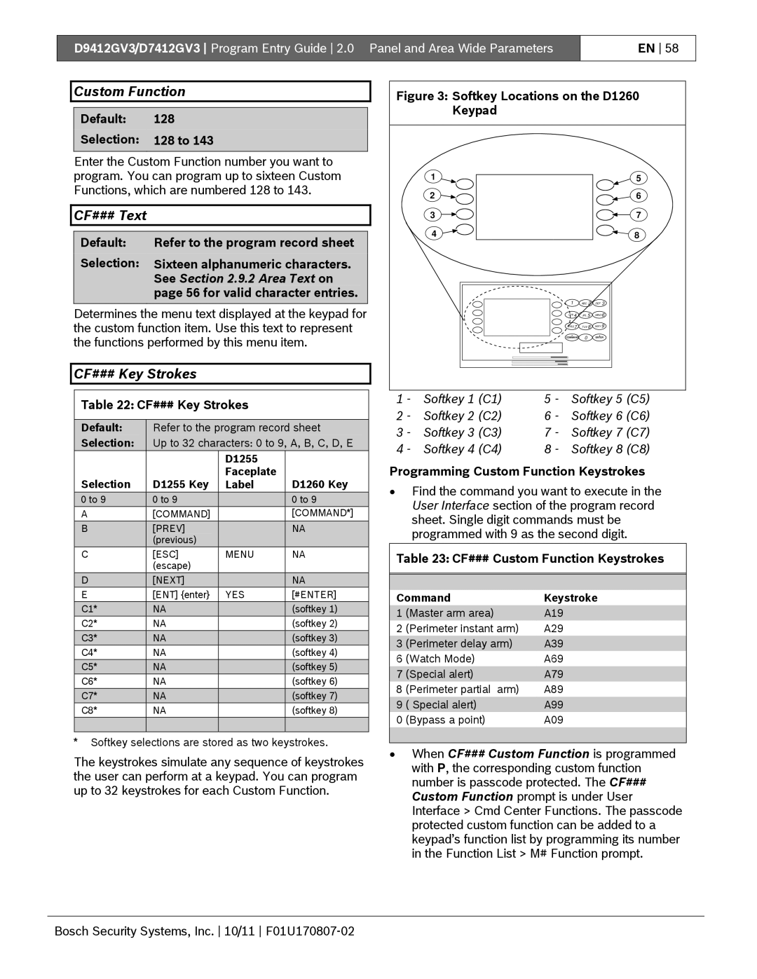 Bosch Appliances D9412GV3 manual Custom Function, CF### Text, CF### Key Strokes, See .9.2 Area Text on, Keypad 