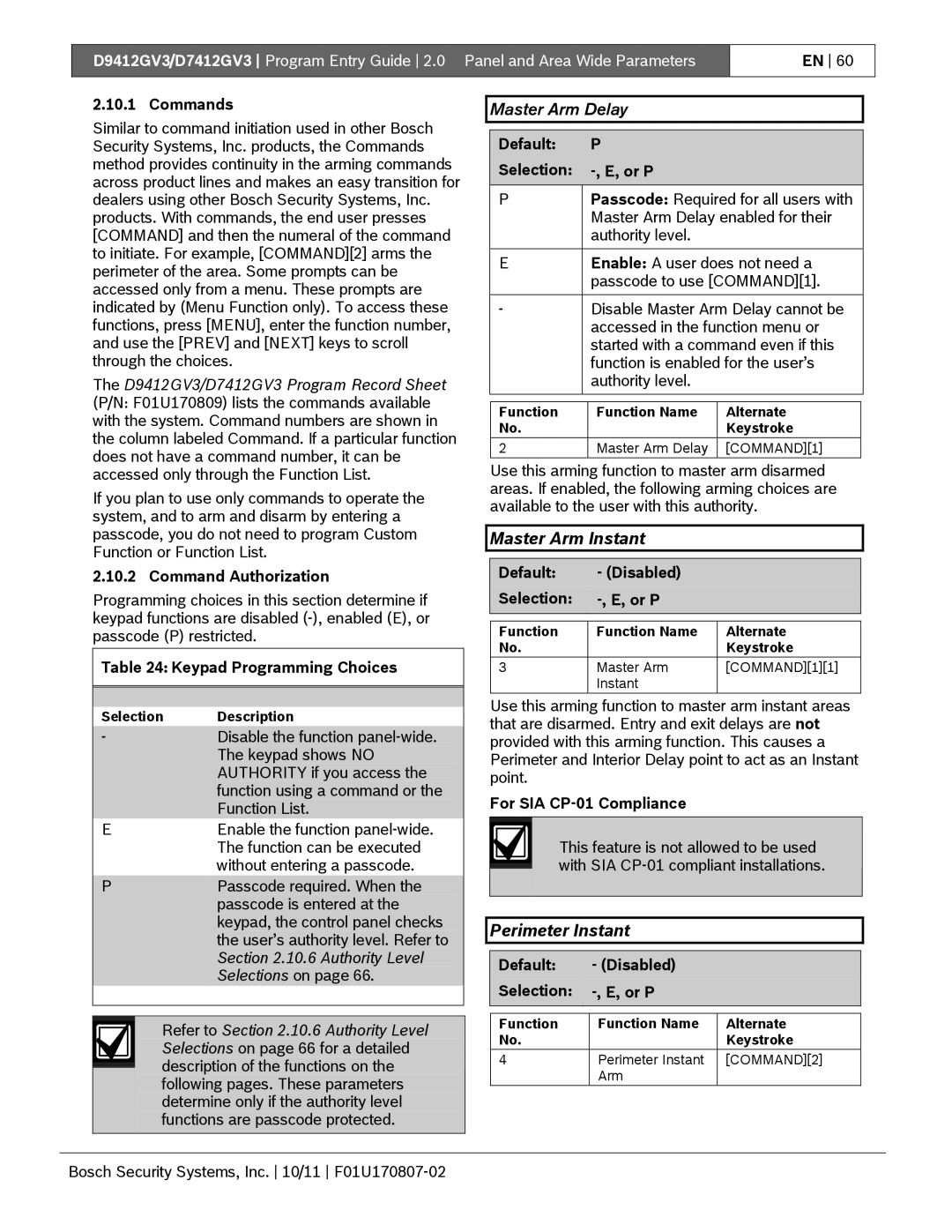 Bosch Appliances D9412GV3 manual Master Arm Delay, Master Arm Instant, Perimeter Instant 