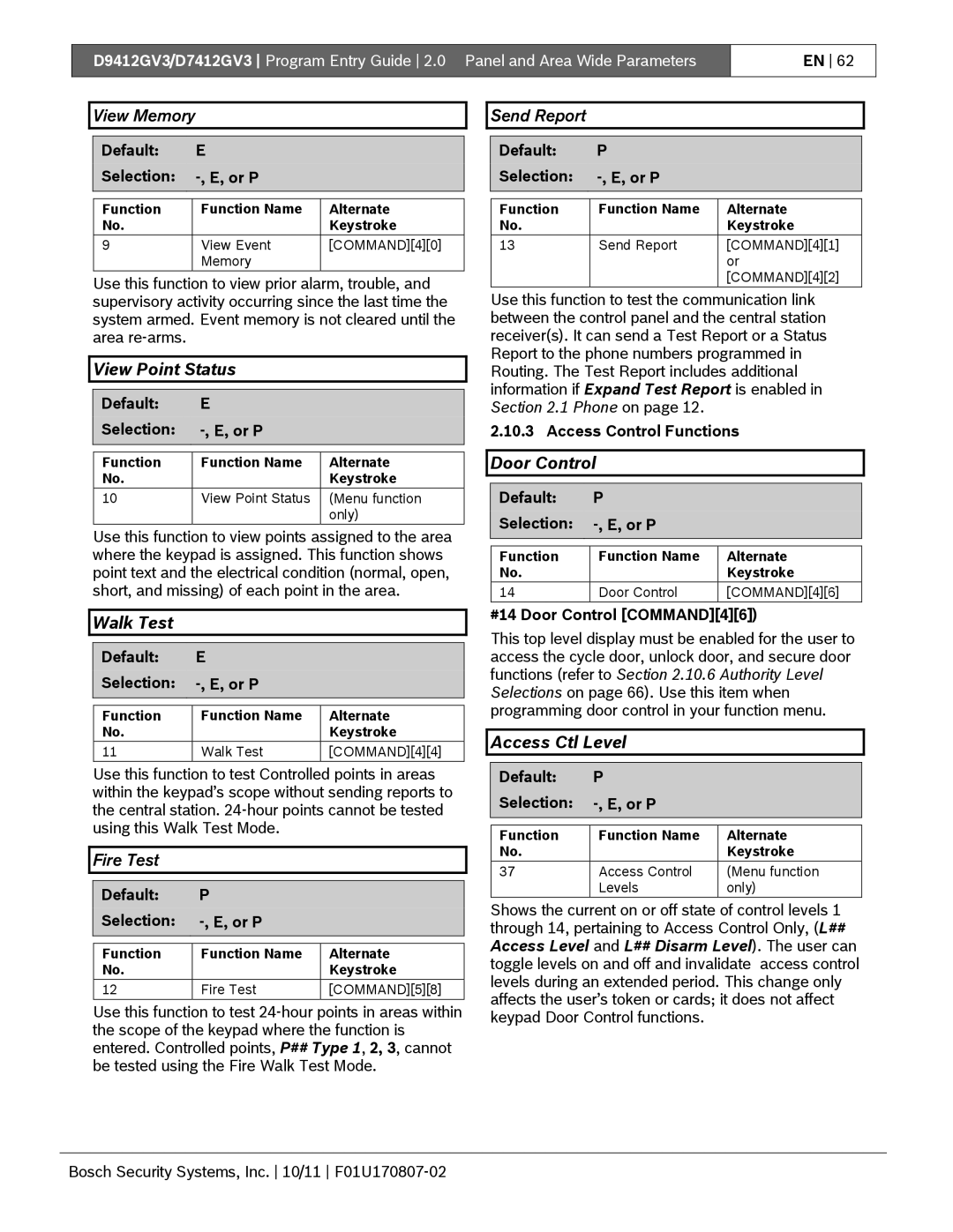 Bosch Appliances D9412GV3 manual View Point Status, Walk Test, Door Control, Access Ctl Level 