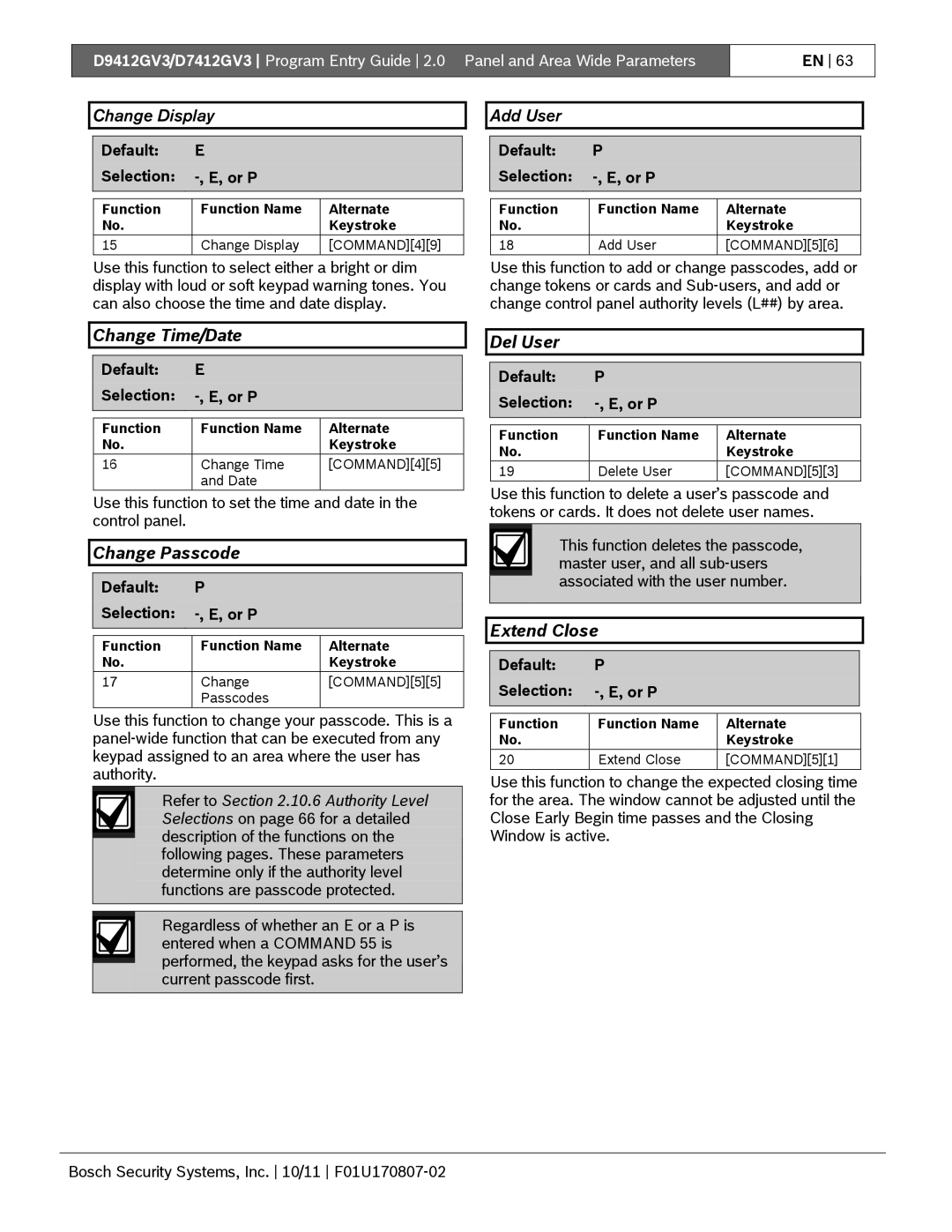 Bosch Appliances D9412GV3 manual Change Time/Date, Change Passcode, Del User, Extend Close 