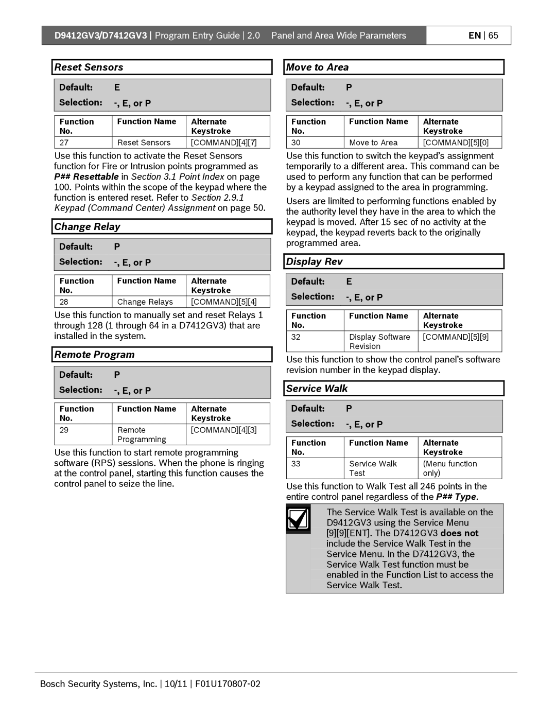 Bosch Appliances D9412GV3 manual Reset Sensors, Change Relay, Remote Program, Move to Area, Display Rev, Service Walk 