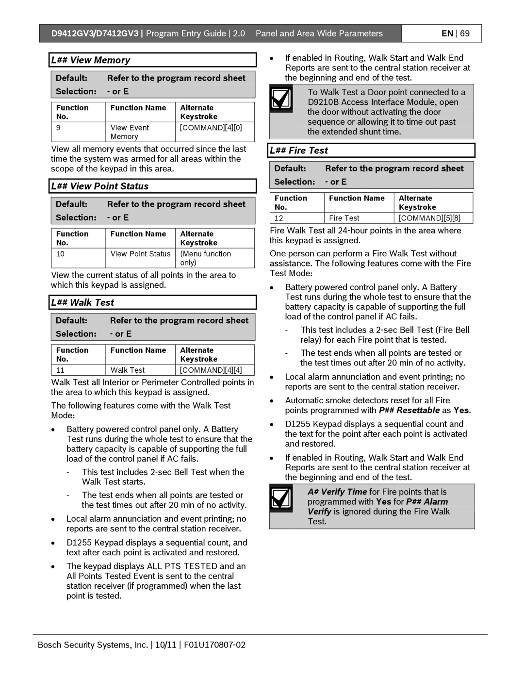 Bosch Appliances D9412GV3 manual ## View Memory, ## View Point Status, ## Walk Test, ## Fire Test 