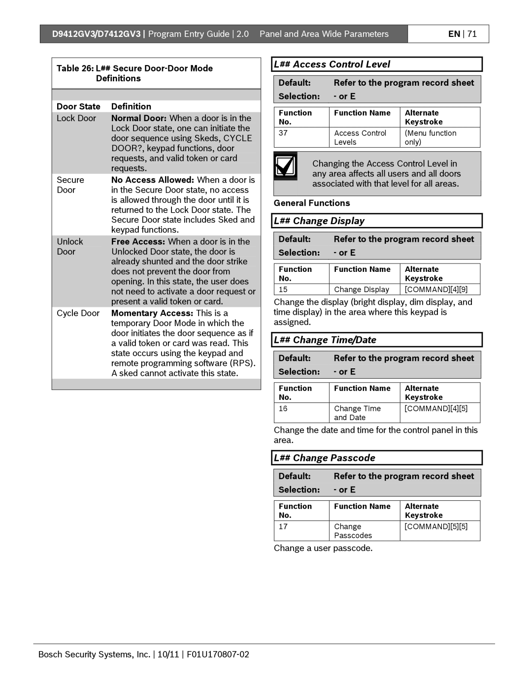 Bosch Appliances D9412GV3 manual ## Access Control Level, ## Change Display, ## Change Time/Date, ## Change Passcode 