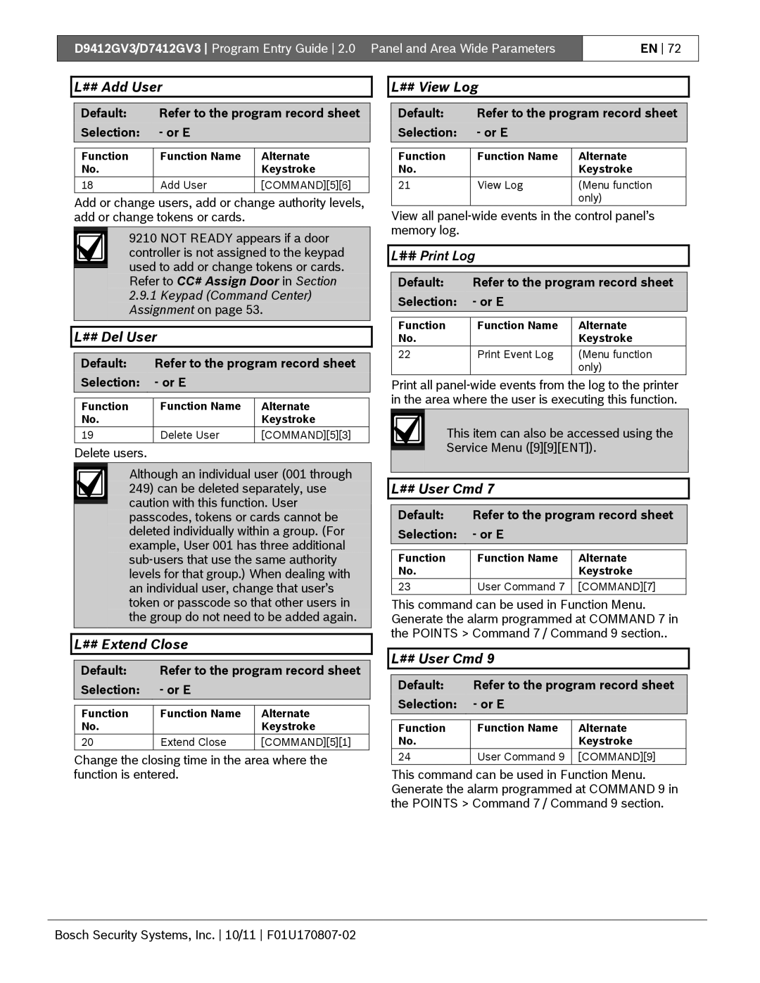 Bosch Appliances D9412GV3 manual ## Add User, ## Del User, ## Extend Close, ## View Log, ## User Cmd 